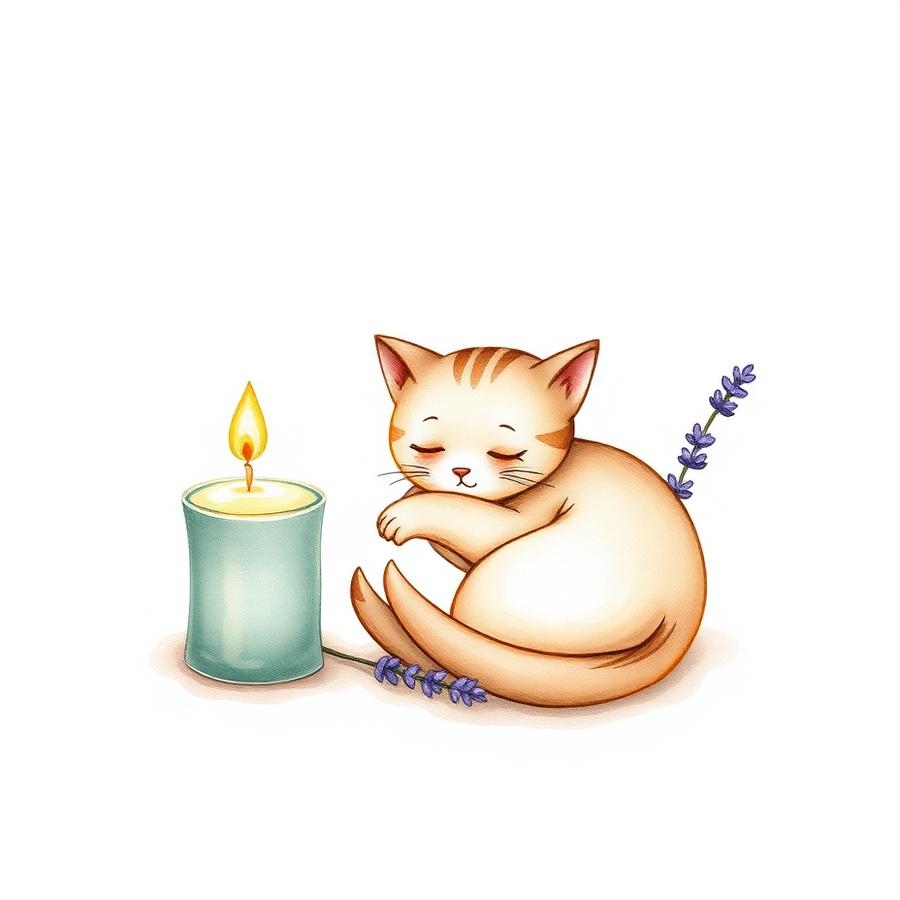 Minh hoạ chú mèo nhỏ nằm cuộn bên ngọn nến và nhánh oải hương