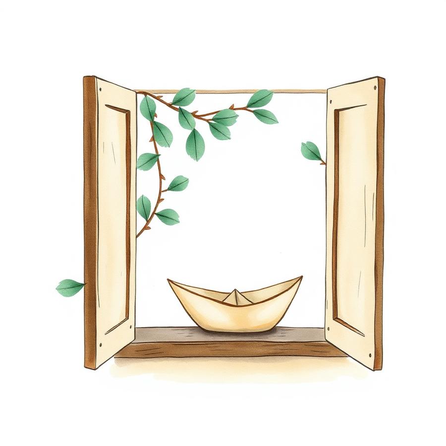Minh hoạ ô cửa sổ mở với chiếc thuyền giấy và những chiếc lá bay
