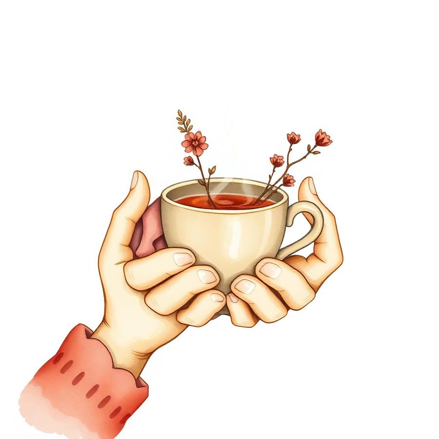 Minh hoạ đôi bàn tay ôm lấy tách trà ấm cùng những nhánh hoa nhỏ