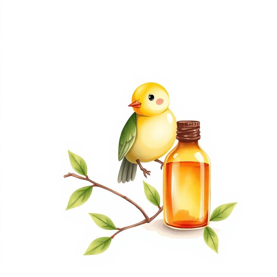 Minh hoạ chú chim nhỏ đậu trên cành bên lọ tinh dầu màu hổ phách